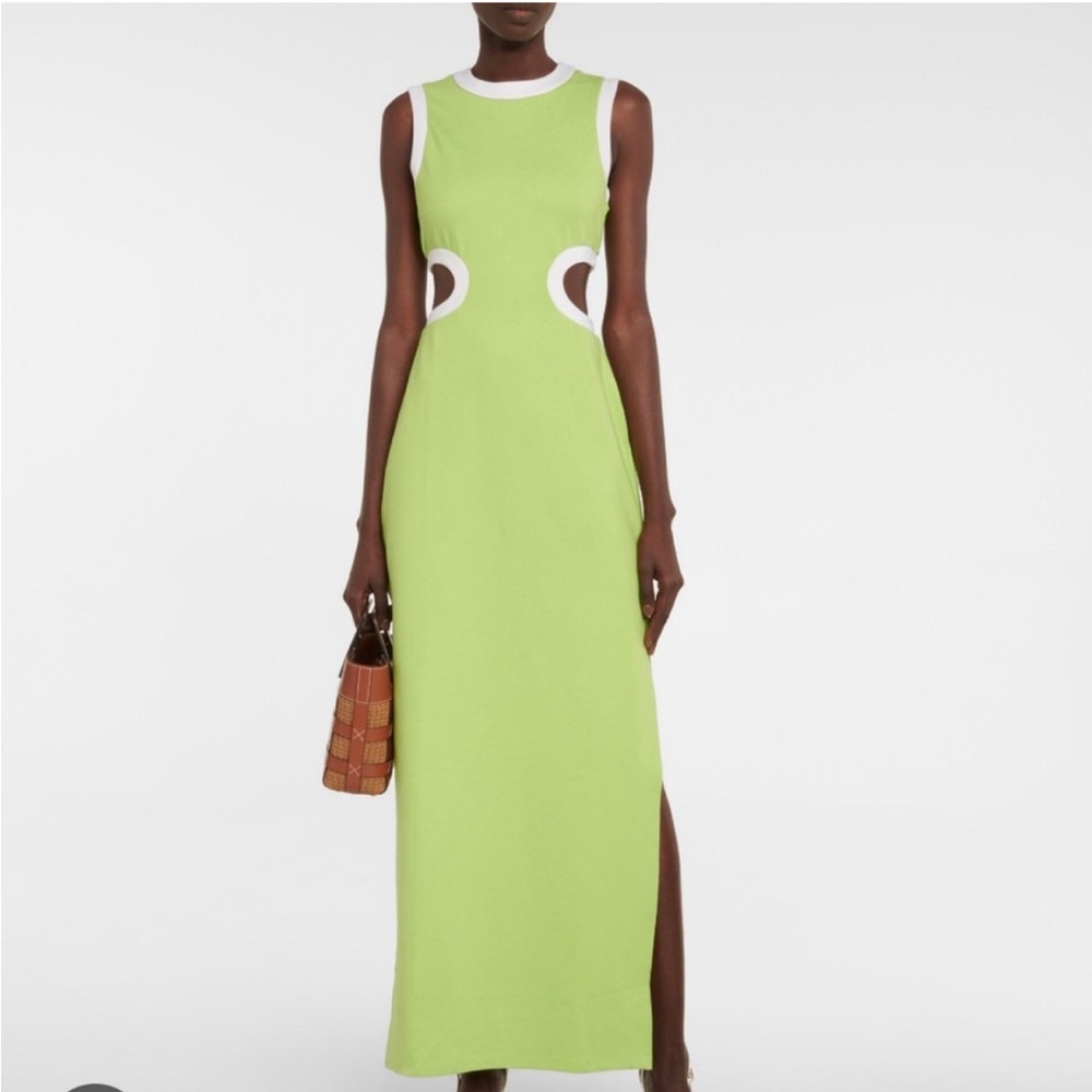 Green STAUD maxi dress with side cutouts and slits on bottom